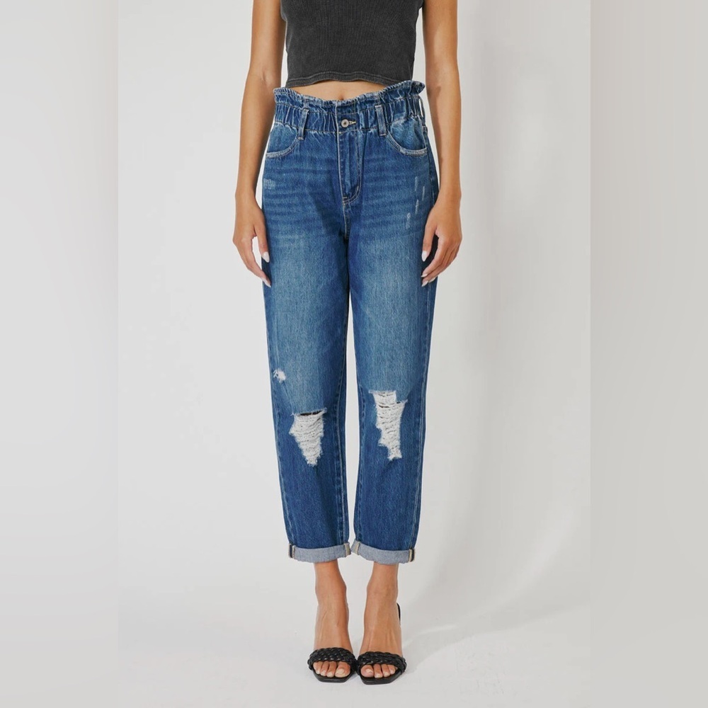 KanCan Ultra High Rise Paperbag Boyfriend Distressed Jeans in Blue, 7/27